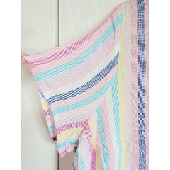 Torrid 00 Short Sleeve Blouse Vettical Striped Rear Button Pink Multi Scoop Neck - Picture 6 of 7